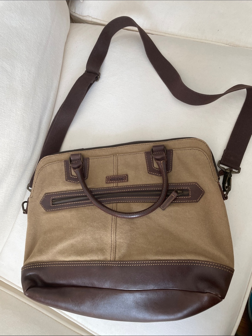 Geox Tan Canvas and Brown Leather Laptop Messenger Bag